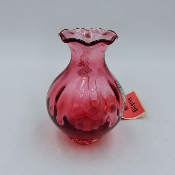 Pilgrim Glass Handblown Cranberry Vase Pitcher Optic Clear Handle 4.5 In Tag - Picture 2 of 10